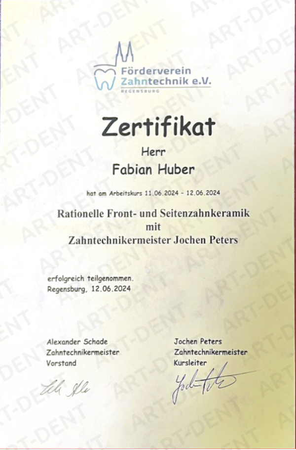 Master Zahntechniker Zertifikat